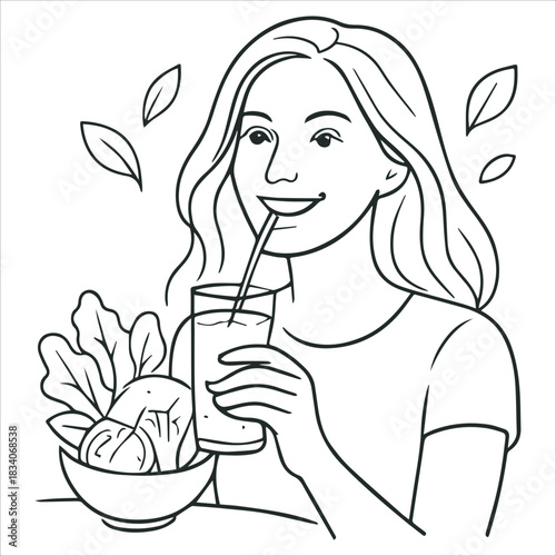 Smiling Woman Enjoying a Healthy Drink and Fresh Vegetables