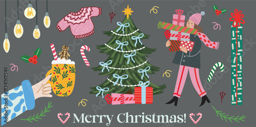 Playful holiday illustration featuring a Christmas tree, gifts, drinks, lights, candy canes and cozy festive elements. Perfect for cards, printable decor, invitations, stickers and seasonal digital pr