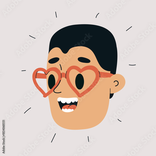 Cartoon vector illustration of man wearing heart-shaped glasses, symbolizing love, infatuation, and admiration