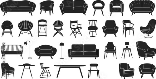 Modern furniture silhouettes vector set, sofa and armchair icons collection, contemporary chair couch interior design elements illustration, black