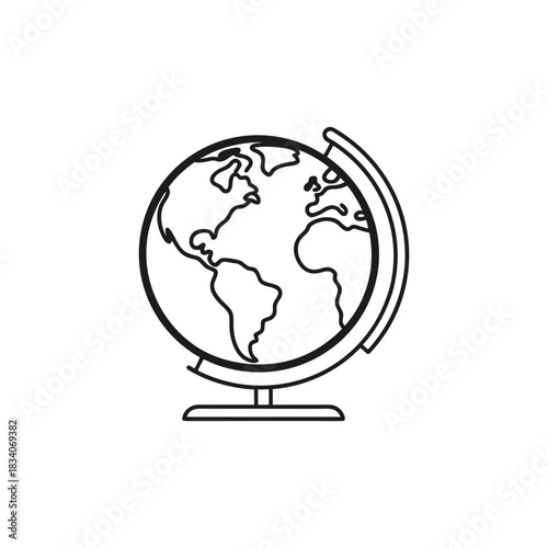 Simple black line drawing of a globe on a stand isolated on white background