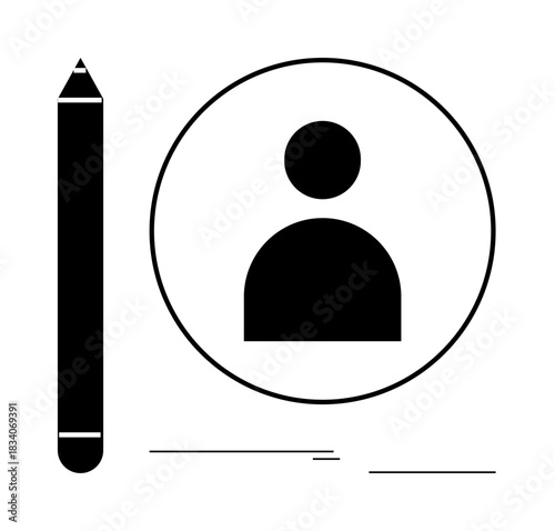 Profile icon inside a circle next to a pencil emphasizing creativity, identity, and personal expression. Ideal for branding, professional identity, writing, digital tools, creativity, education