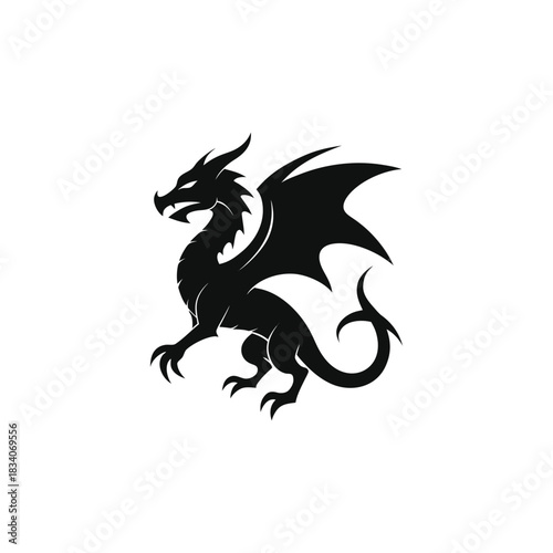Black dragon silhouette with wings and claws isolated on white background