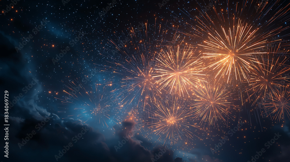 Fototapeta premium Fireworks of Celebration: A dazzling display of golden fireworks bursts against a deep blue sky, painting a vibrant spectacle of joy and festivity. 