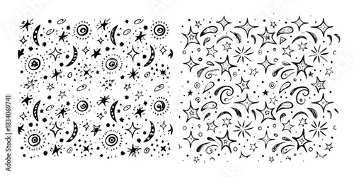 Hand drawn celestial pattern with stars moons and suns in black and white