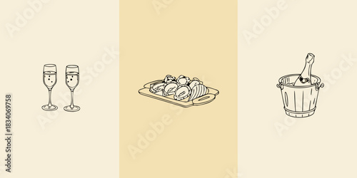 Celebratory food and drink illustration with champagne appetizers and champagne flutes