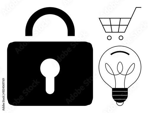 Data security, online shopping, ecommerce protection, digital innovation, creative ideas, cybersecurity. Black padlock, shopping cart and light bulb in minimalist style. Data security and online