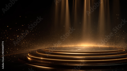 Golden Stage Elegance: A captivating stage, illuminated by ethereal beams of light, evokes a sense of grandeur and anticipation, a perfect backdrop for presenting excellence.
