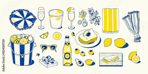 Summer still life with lemons and beach accessories illustration