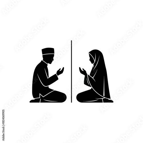 silhouette icon of moslem a man and a woman praying, sitting on their knees, separated by a vertical line. The man wears a moslem cap the woman wears a long hijab