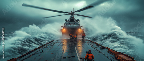 AI generator images of A rescue helicopter is operating over rough seas. This model of helicopter is renowned for its durability and effectiveness in search and rescue operations in hazardous environm