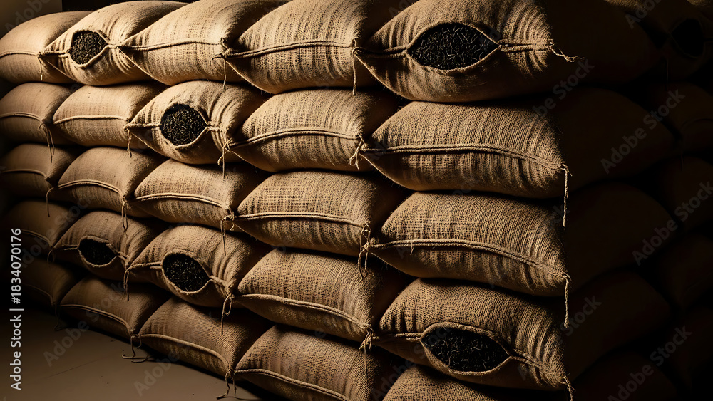 Obraz premium Stacked burlap sacks containing dried tea leaves ready for processing and shipping for global distribution markets and commercial use