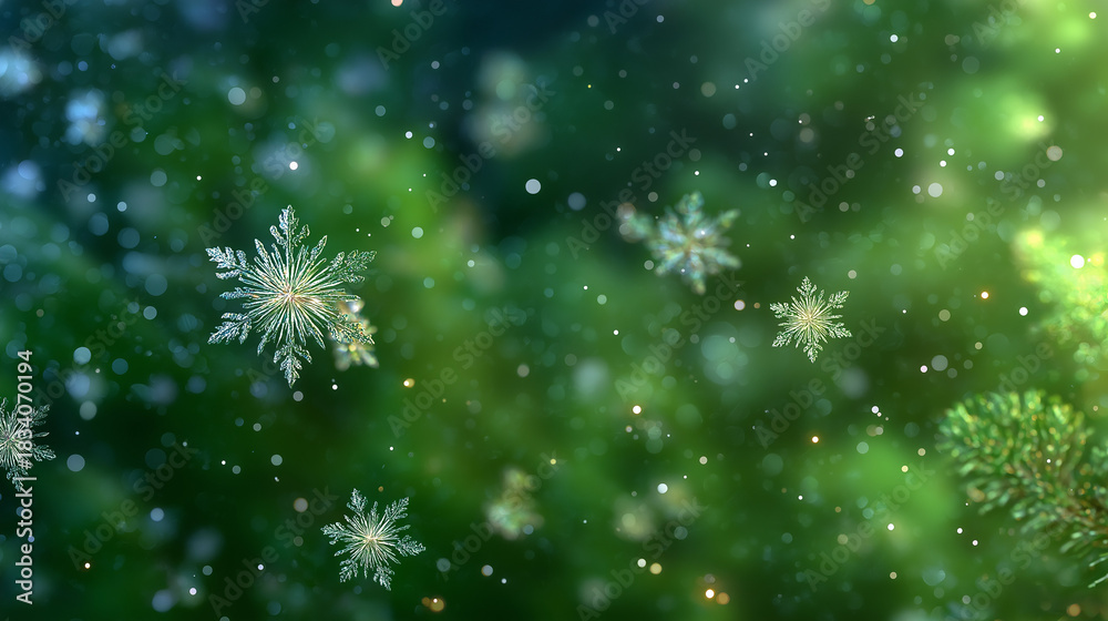 Fototapeta premium Winter's Delicate Dance: A captivating display of intricate snowflakes gently falling amidst a backdrop of evergreen foliage. Evoking the calm and serenity of a peaceful winter's day.