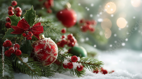 Christmas Decorations: A close-up shot of Christmas decorations. Focus on the beauty of ornaments, pine needles and snow. Capturing the magical atmosphere of the holiday season.