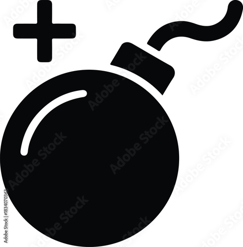Black bomb icon with fuse and plus symbol explosion 3