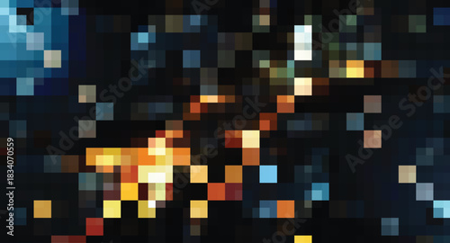Abstract Pixelated Scene, Blue, Orange Squares, Digital Art, Background, Modern Aesthetic Creates an Intriguing Mosaic Perfect for Technology and Creative Design Projects