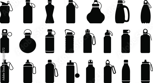 Reusable water bottle silhouettes vector set, black drink flask icons collection, sports hydration container shapes, eco friendly graphic illustration