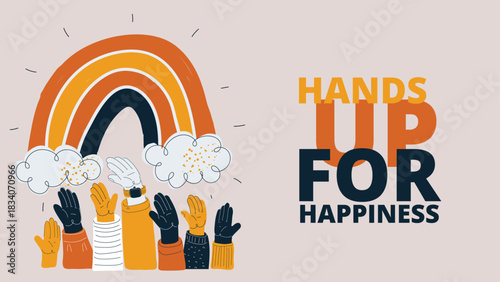 Cartoon vector illustration of hands raised up with a rainbow above, symbolizing celebration, hope, and positivity