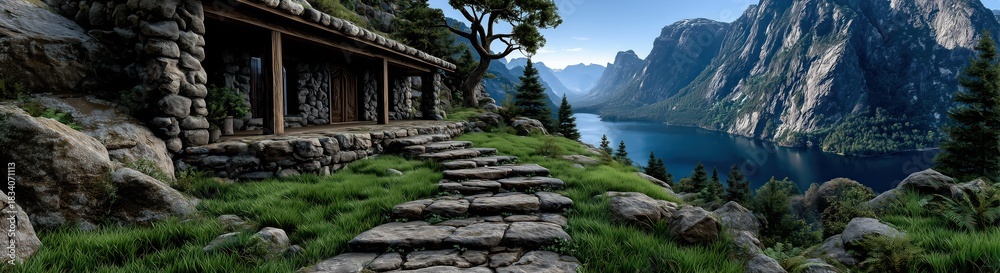 Fototapeta premium Une maison en pierre dans un paysage paradisiaque de haute montagne en été avec un lac, des forêts et des falaises escarpées à l'horizon, vue panoramique.