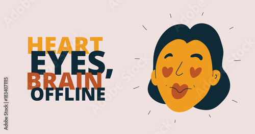 Cartoon vector illustration of woman with hearts in her eyes, symbolizing love, admiration, and infatuation