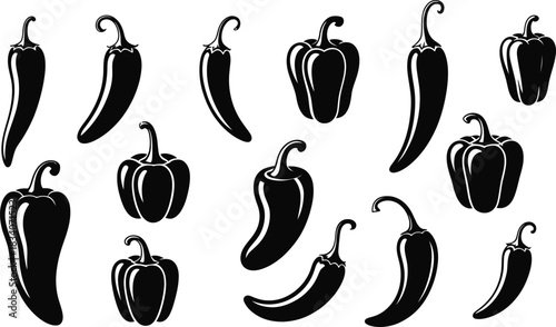 Silhouette collection of chili and bell pepper icons, spicy vegetable shapes, black vector illustration isolated on white background for food logo design.