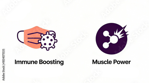 Mask viruses and molecular explosive elements represent the concept of immune enhancement and muscle strength improvement, suitable for health protection or sports nutrition promotional materials.
