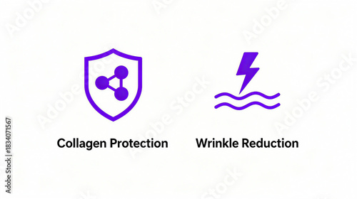 Shield molecules and lightning ripple elements represent the concept of collagen protection and wrinkle reduction, suitable for promotional materials of skincare and beauty products.
