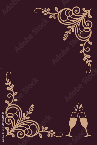 Champagne glasses with gold elegant decoration on burgundy background, empty area for text