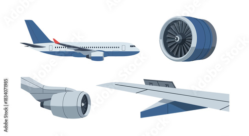 Airplane parts - fuselage, wings, and engines, blue and white color scheme, detailed illustration.