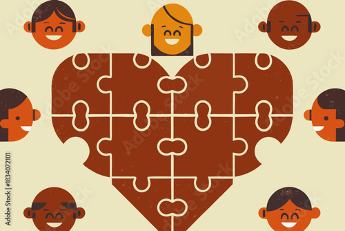 Diverse Business Team Building Giant Heart Puzzle Together: Corporate Vector Illustration of Collaboration, Unity, and Bonding