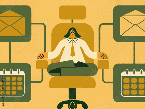 Flat Vector Businesswoman Meditating Floating Above Office Chair: Mindfulness, Work-Life Balance, and Productivity Concept