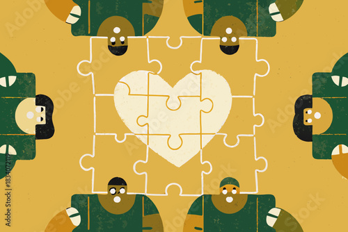 Diverse Business Team Building Giant Heart Puzzle Together: Corporate Vector Illustration of Collaboration, Unity, and Bonding