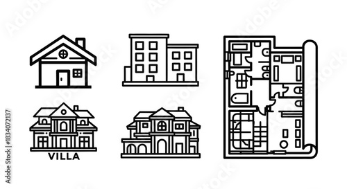 Architectural Icons - Houses, Buildings, and Floor Plans in Line Art.