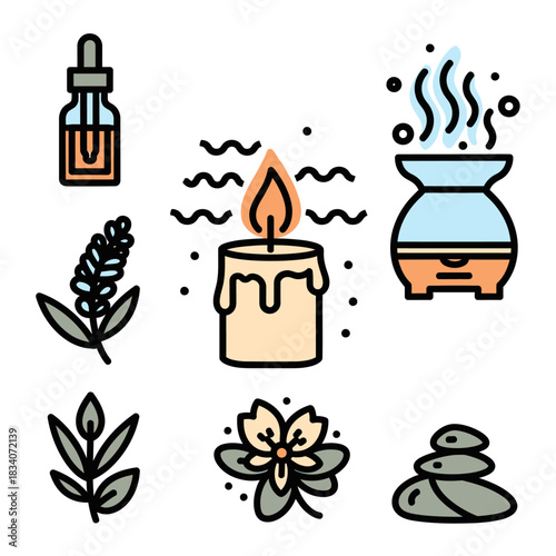 Aromatherapy and spa wellness icon set with a lit candle, oil diffuser, and zen stones in a simple line art style.