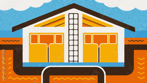 Smart Home Cross-Section with Renewable Energy: Geothermal Heating and Wind Power Infographic Vector