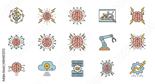 Artificial Intelligence Icons - Brains, Cloud, Robotics, and Data.