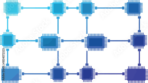 Abstract digital network of interconnected microchips and glowing blue data pathways representing artificial intelligence and complex technological systems