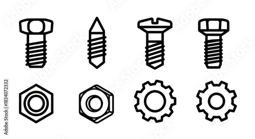 Assortment of Fasteners - Bolts, Screws, Nuts, and Gears.