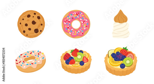 Assortment of Delicious Desserts - Cookie, Donuts, Cream, and Fruit Tarts.