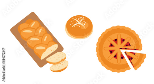 Assortment of freshly baked golden bread, sliced baguette, round roll, and fruit pie.