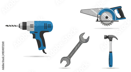 Assortment of Hand Tools - Drill, Saw, Wrench, and Hammer.