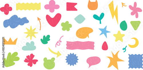 Crayon abstract organic element set. Hand drawn sketch doodle scribble pastel brush geometric figure shape crayon texture background. Abstract arrow, circle, zigzag elements. Vector illustration