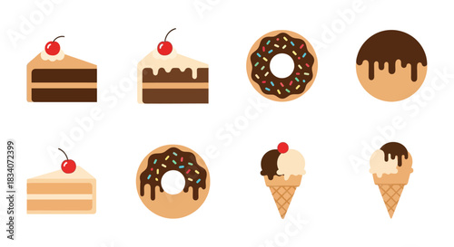 Assortment of Sweet Treats - Cakes, Donuts, and Ice Cream Cones.