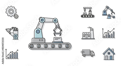 Automation Icons Set - Conveyor Belt, Robotic Arm, and Industry Symbols.