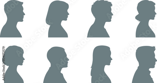 Silhouette profile avatars collection, male and female side view heads, anonymous people icons set, flat gray human character illustration