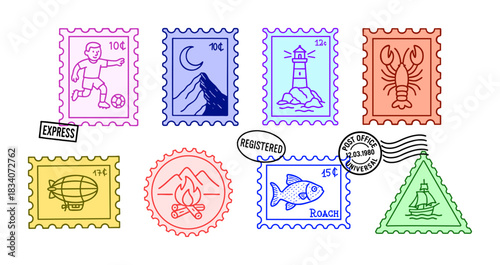 Colorful Vintage Postage Stamps Collection. Playful vector set of colorful vintage-style postage stamps with travel, nature, sport and sea icons plus mail marks on a white background. Vector set