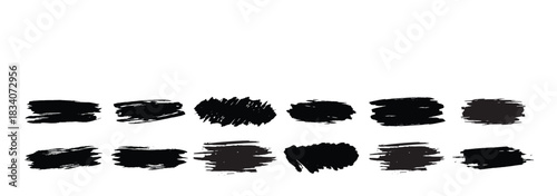 Collection of black grunge paint brush strokes and splatters on white background. Collection of black grunge paint brush strokes and smudges isolated on artistic design element, vector illustration.
