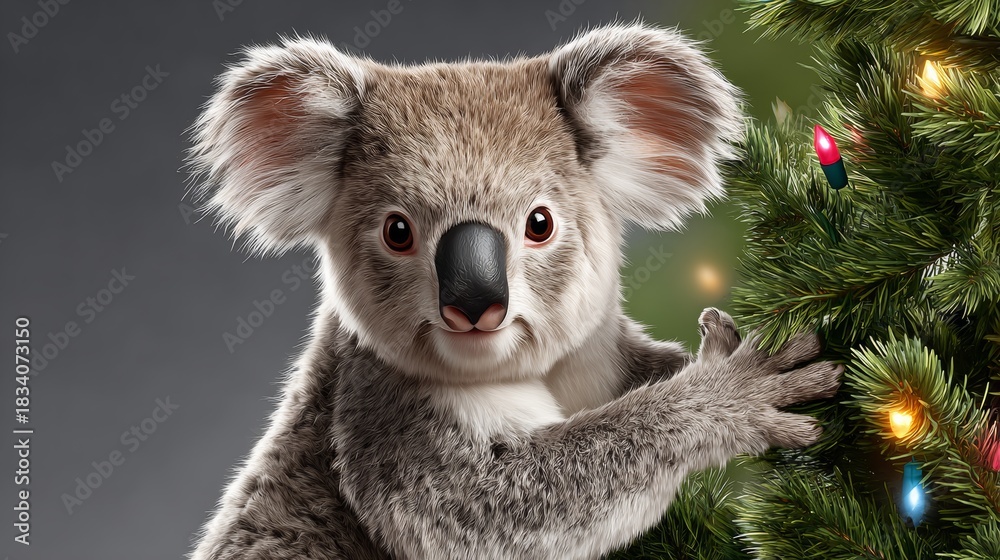 Obraz premium A koala is holding a Christmas tree