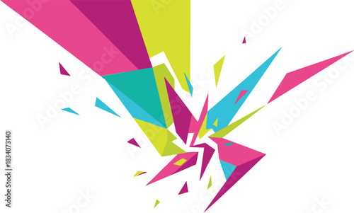 Vibrant abstract explosion of geometric shapes and vibrant colors in a dynamic burst of energy and movement