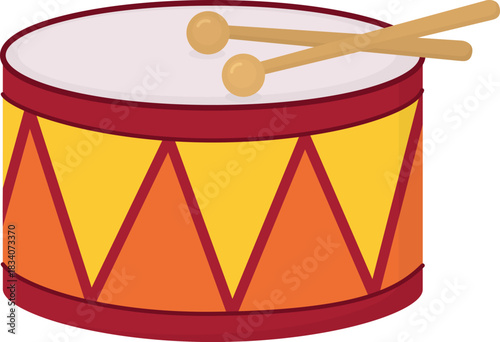 Bright carnival drum with drumsticks isolated on white. Illustration of music, festival object
